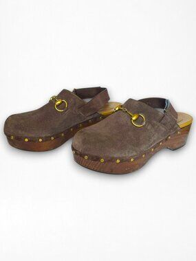 Gucci Amstel Suede Horsebit Slingback Clogs in Brown Size